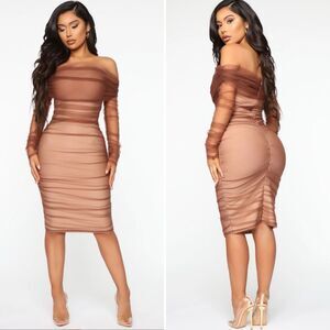 Fashion Nova Ruched and Ready Bandaged Midi Dress Mauve Taupe L